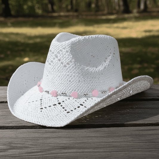Western Cowboy Hat Unisex With Pink Stone Accessories - White (CDYWL-2578)