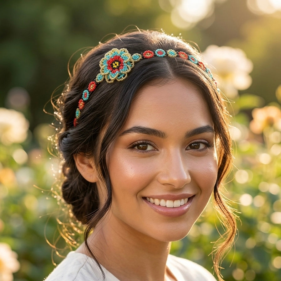 Beaded Headband with Flower Red