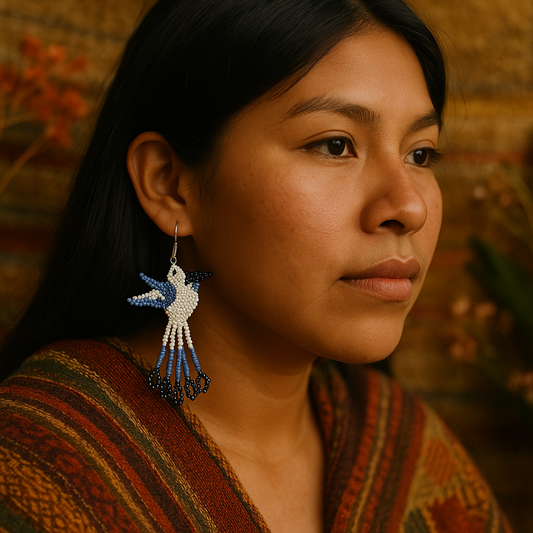Handmade Beaded Hummingbird Earrings – Blue & White