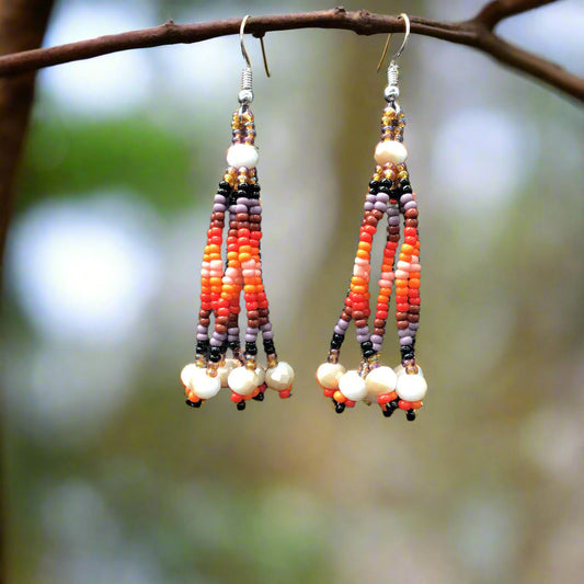 Moss Brown Six-Strand Beaded Cascade Earrings