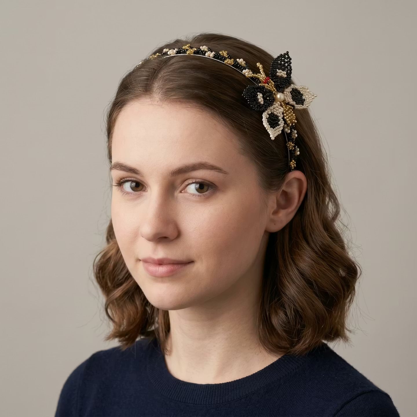 Beaded Headband with Butterfly Golden & White