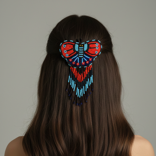 Butterfly Beaded Barrettes with Fringes - Sky Blue & Red