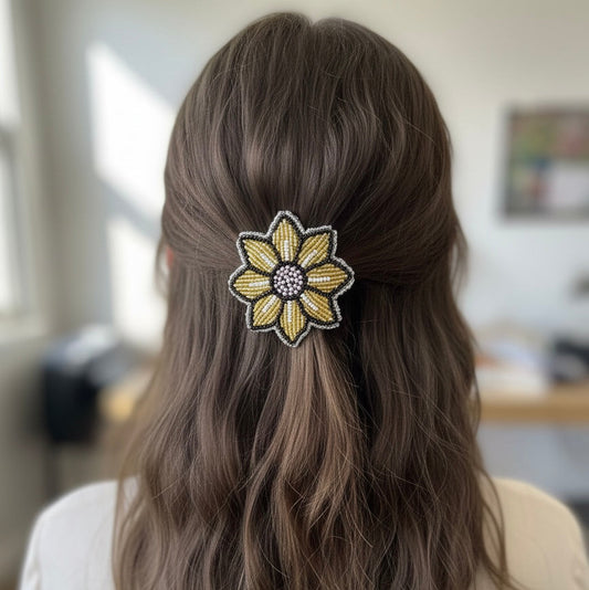 Golden Beaded Flower Barrette