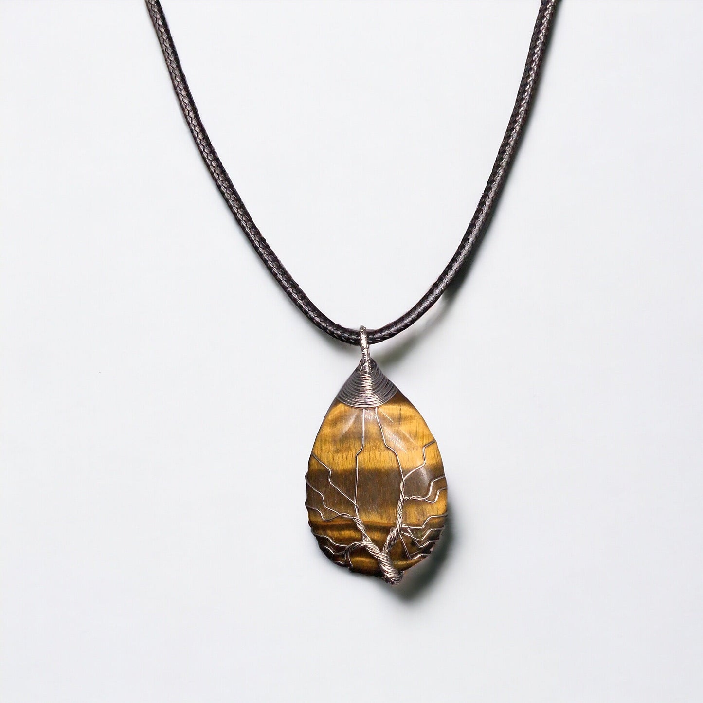 Yellow golden  tiger eyes Gemstone Pendant Wrapped w/ Silver Tree of Life