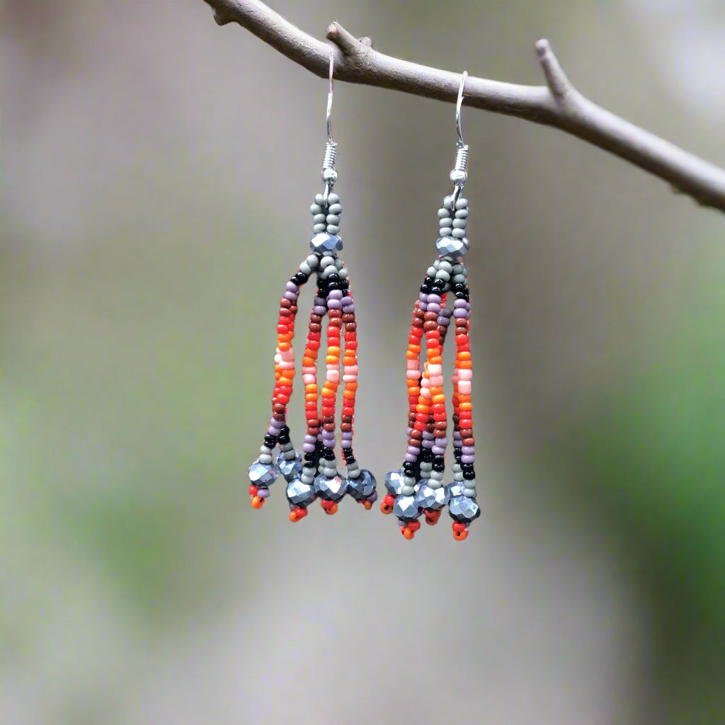 Grey Six-Strand Beaded Cascade Earrings