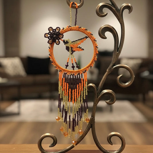 Orange and dark purple Native Beaded Hummingbird