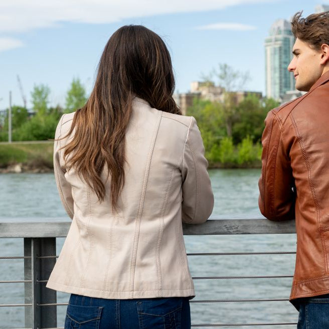 Women's Classic Sheep Leather Jacket. Standing Collar with Studs, 4 Zippered Pockets & Shoulder Accent Stitching