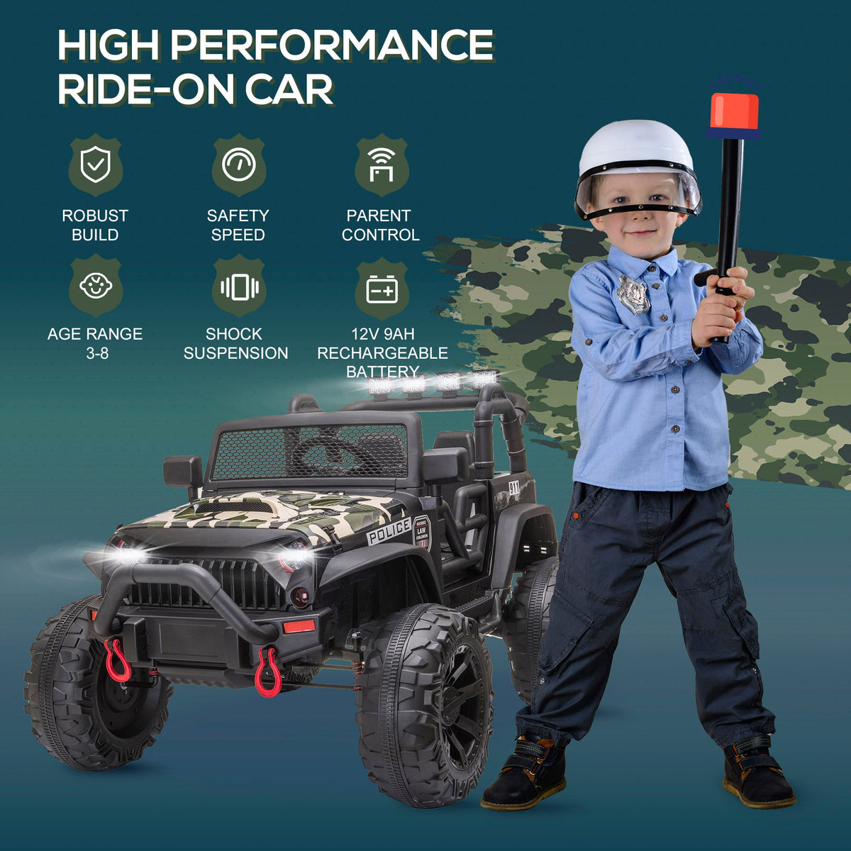 12V Battery-powered Kids Jeep Ride On Police Car with Parental Remote Camouflage