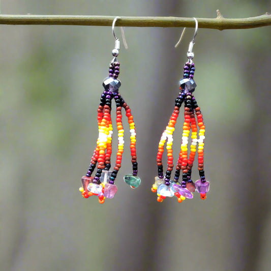 Purple Six-Strand Beaded Cascade Earrings