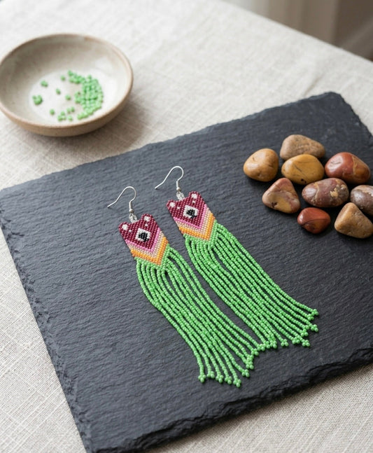 Red - Green Native Bear Beaded Earrings