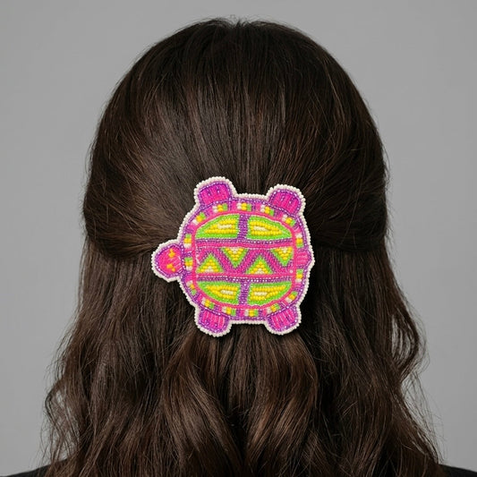 Beaded turtle Barrette pink accent