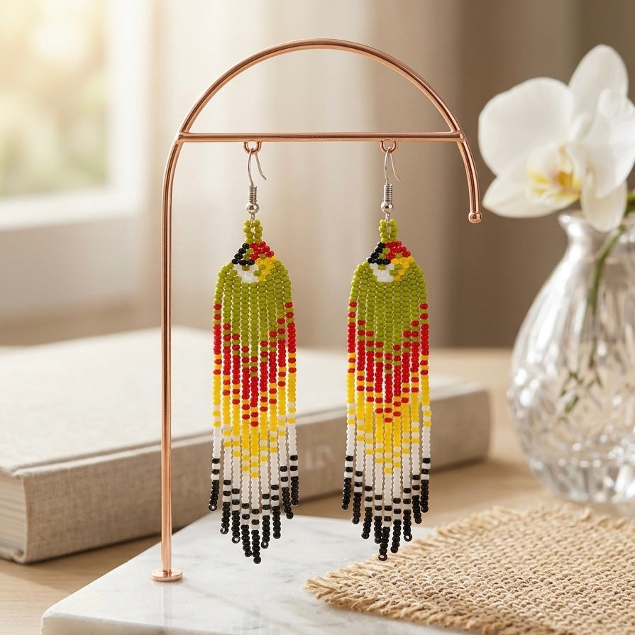 Green Firebird Spirit Beaded Earrings
