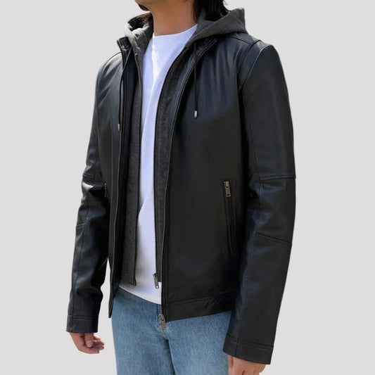 Men's Lamb Leather Hoodie Jacket with Detachable Hood