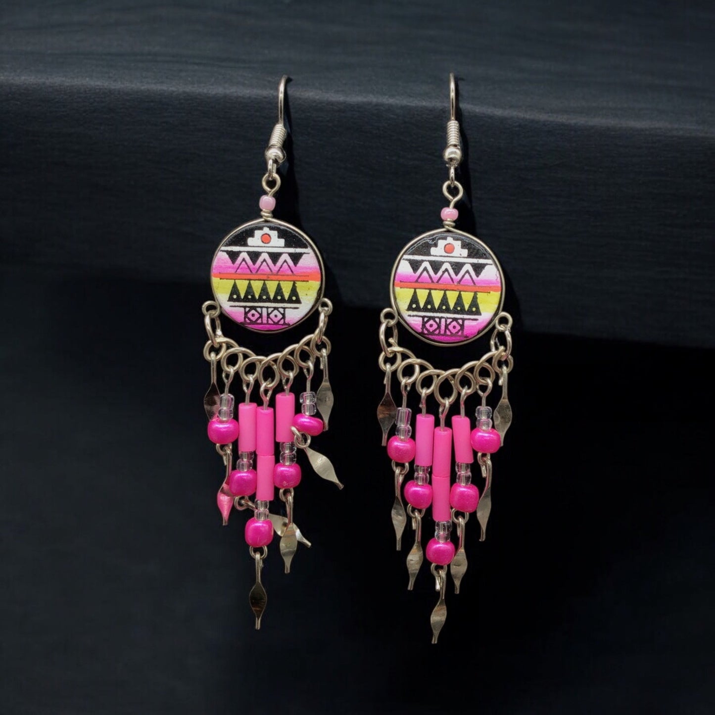 Pink and Black Southwestern Round Shaped Dangle Earrings