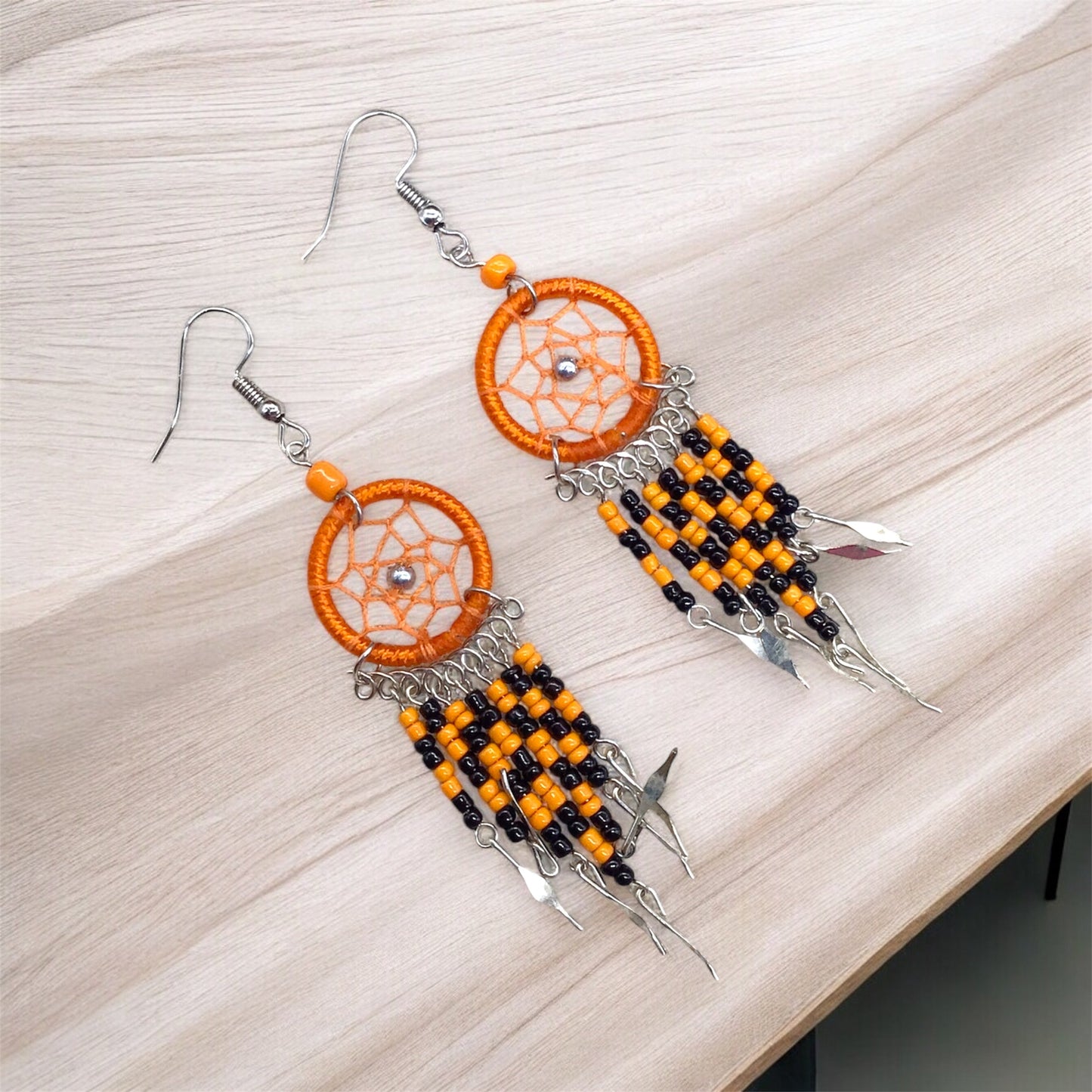 Orange and Black Beaded Dreamcatcher earrings