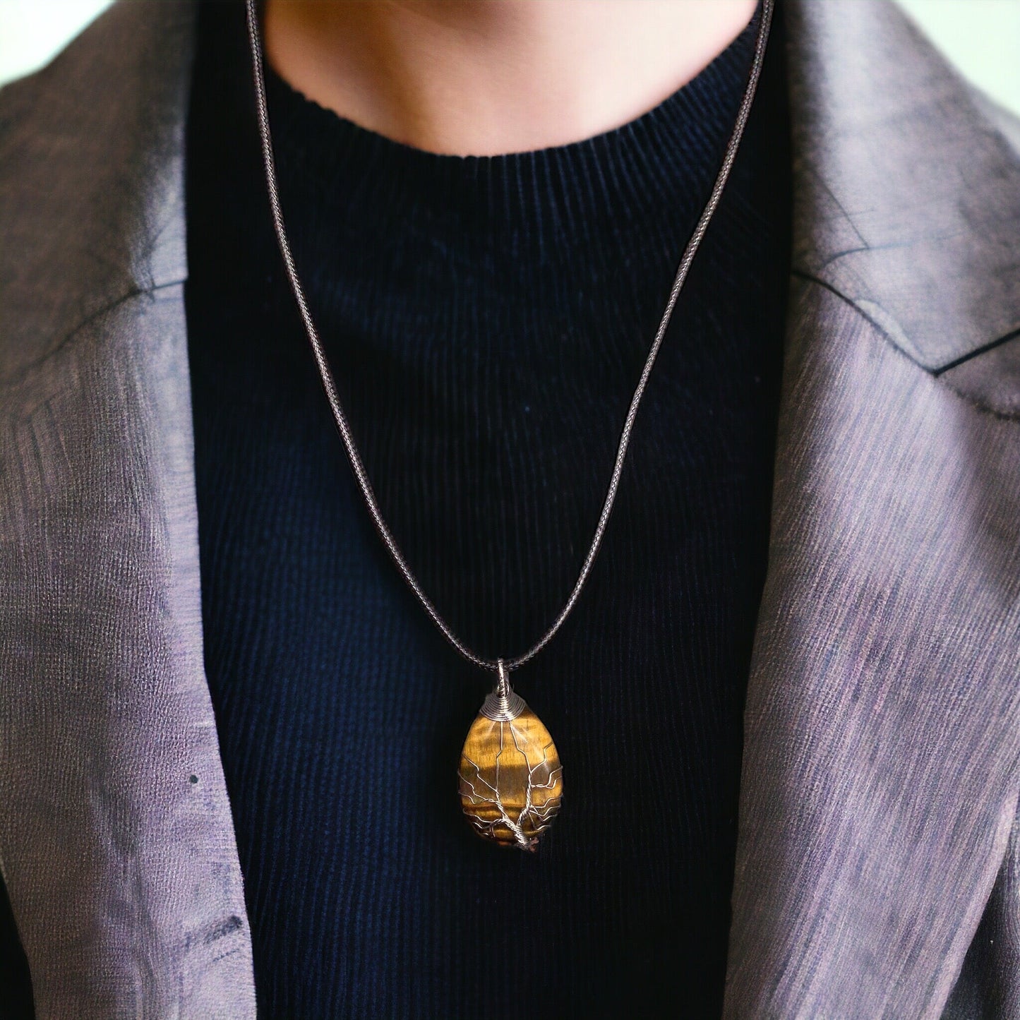 Yellow golden  tiger eyes Gemstone Pendant Wrapped w/ Silver Tree of Life