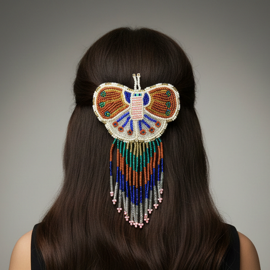 Butterfly Beaded Barrettes with Fringes Brown& White