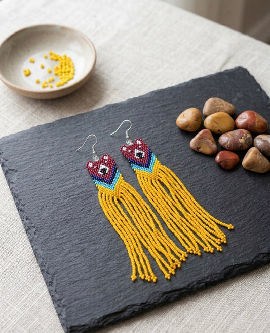 Red - Mustard Native Bear Beaded Earrings