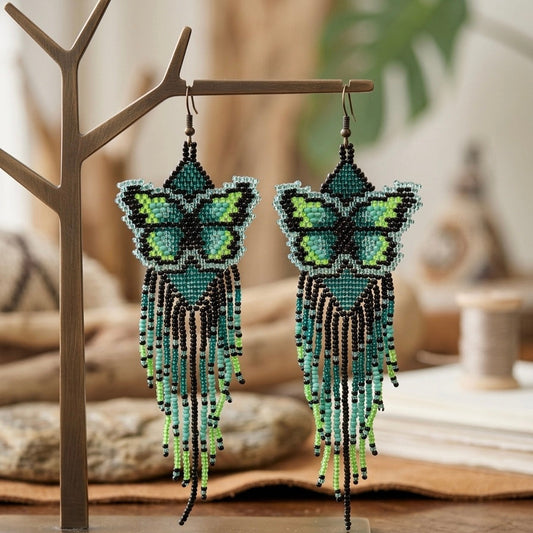 Green Beaded Dancing Wing Earrings
