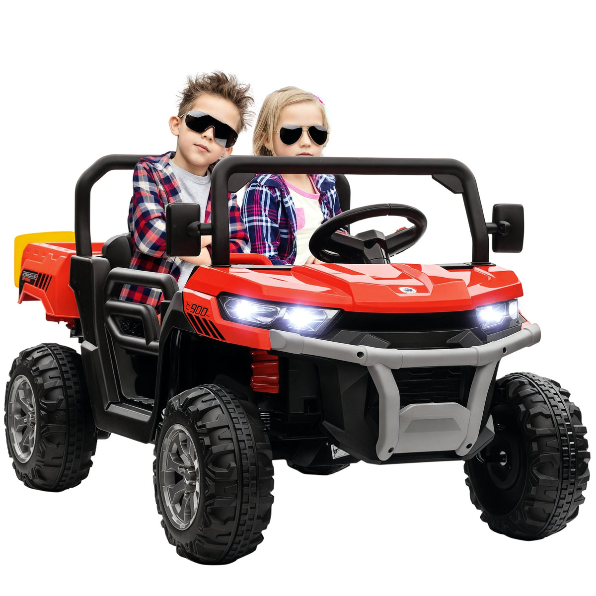 12V Ride on Car with Electric Bucket, Two-Seater, Shovel, Remote Control, Spring Suspension, Horn, Music, Black