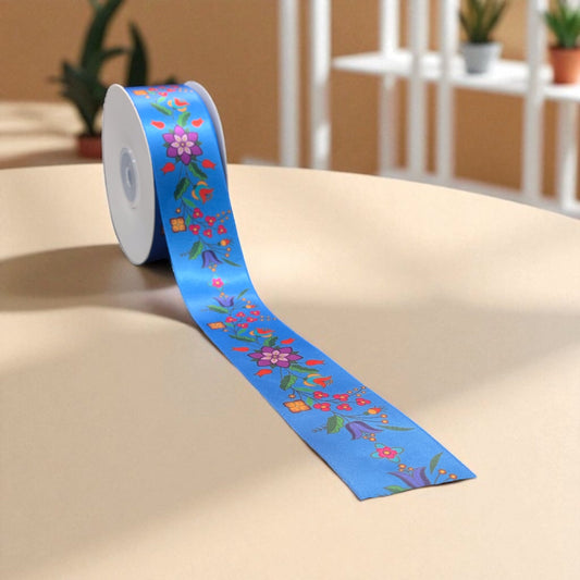 Blue Double Face Floral Ribbon Roll