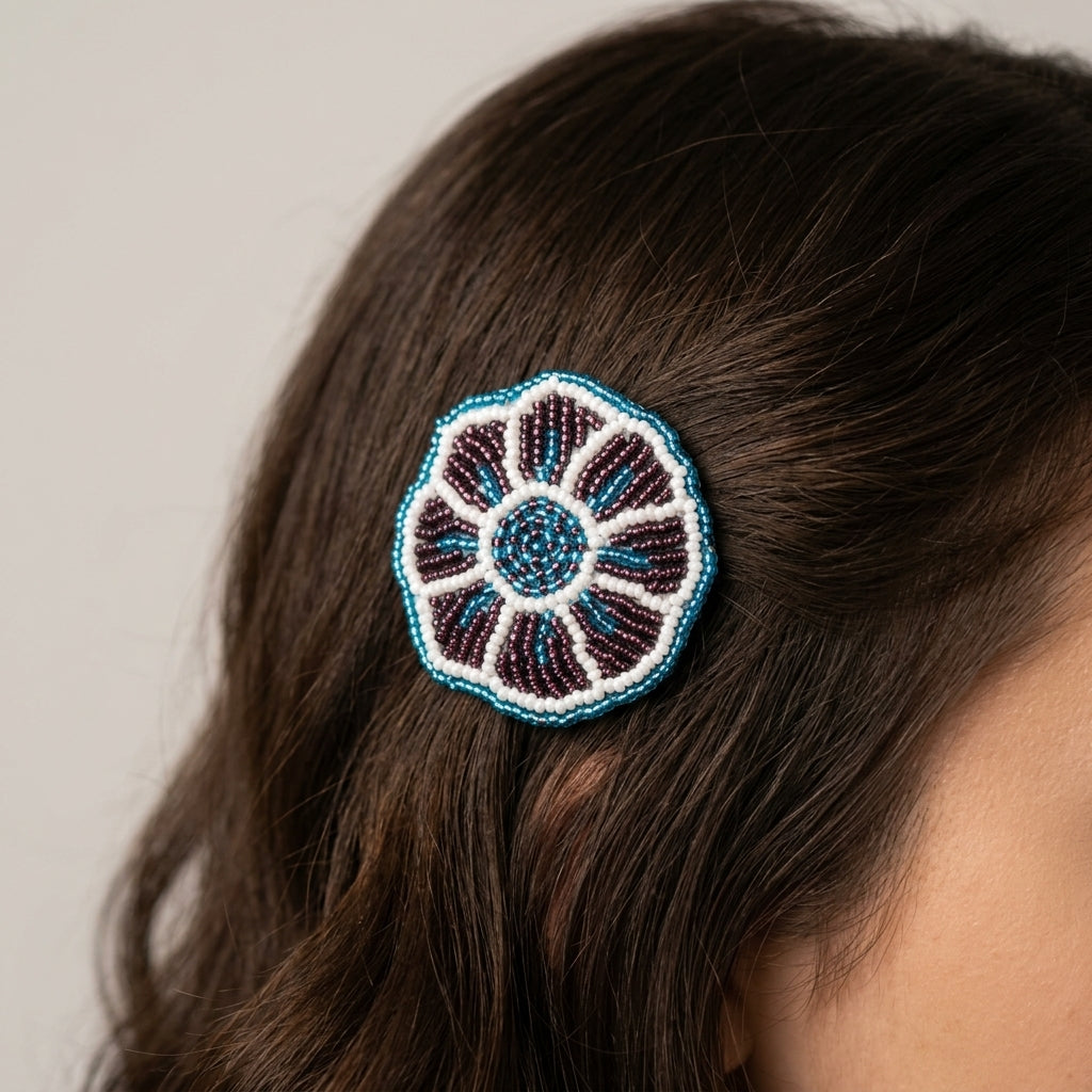 Dark Purple Beaded Flower Barrette