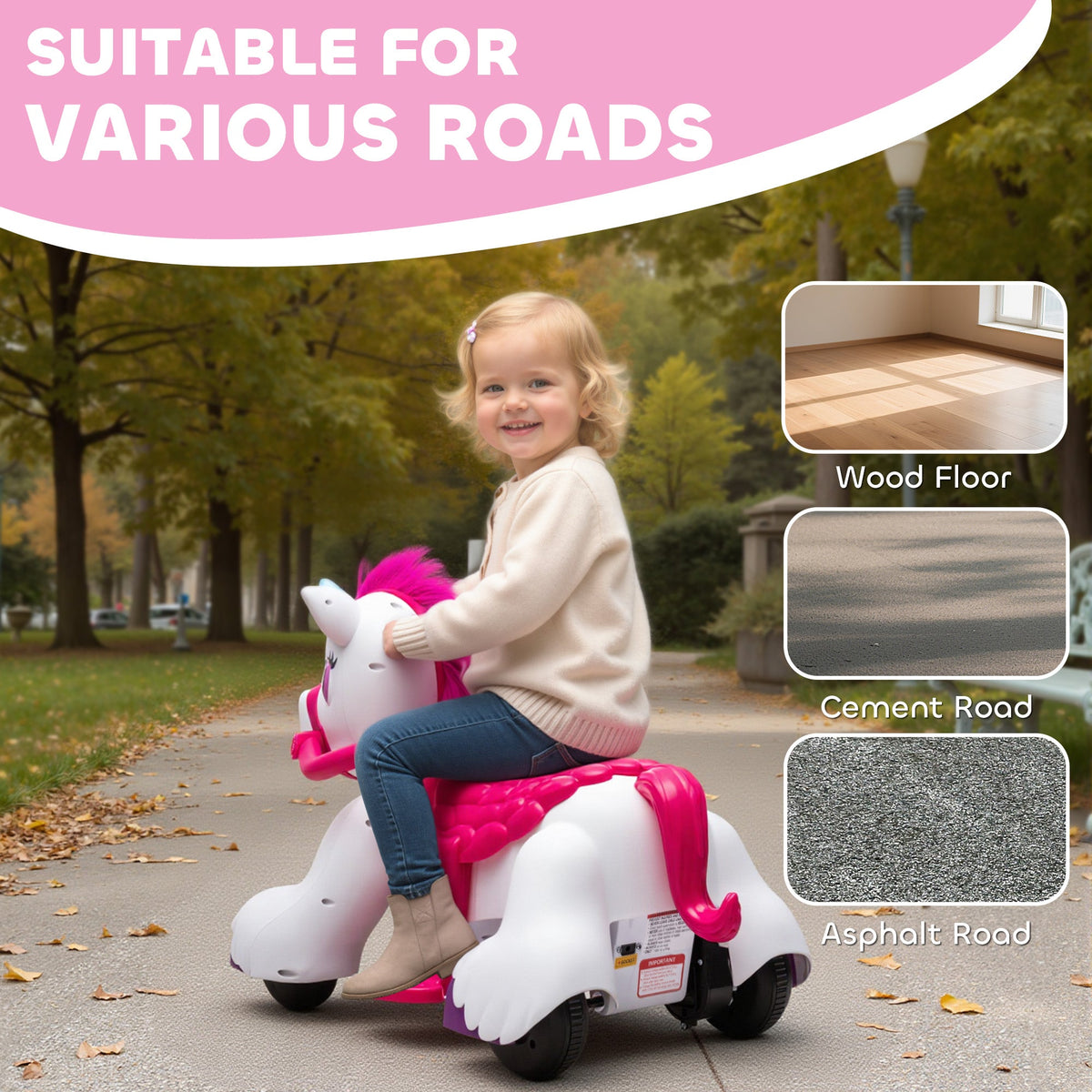 12V Unicorn Ride on Toy, Battery Powered Kids Electric Ride on Horse with Carrot Toy, Comb, Animal Sounds