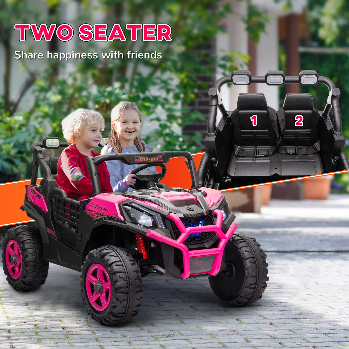 2 Seater 24V Electric Car for Kids w/ Remote Control, 3 Speed, LED Lights, Music, Horn, Spring Suspension, Blue