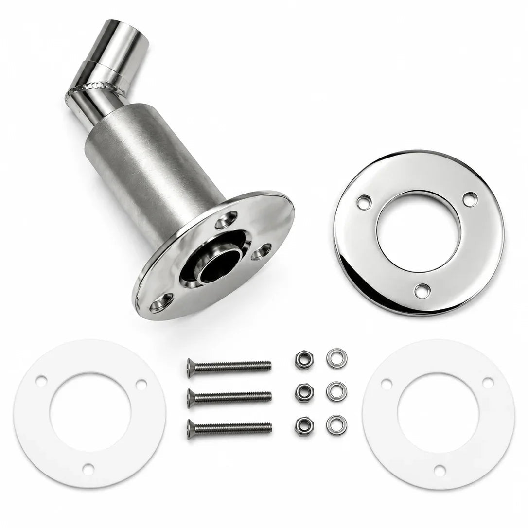 Stainless Steel Thru Hull Fitting, 24 mm, 90° Base, Angled Connector, with Screws