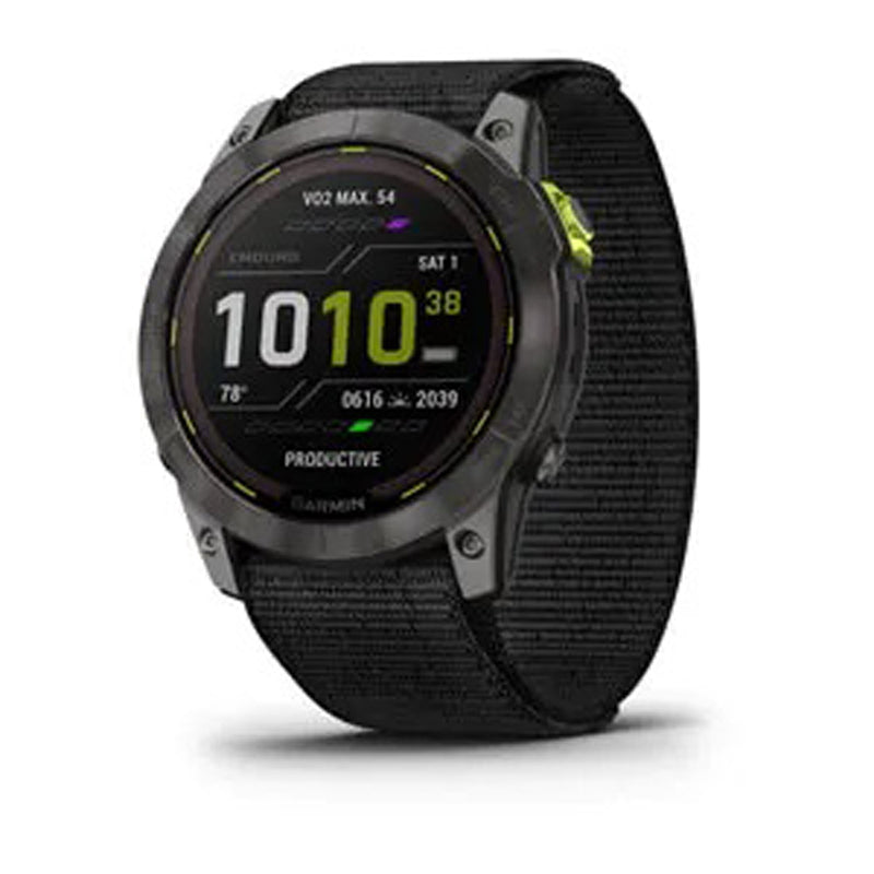 Garmin Wearables - endura™ 2 - Carbon Gray DLC Titanium with Black UltraFit Nylon Strap