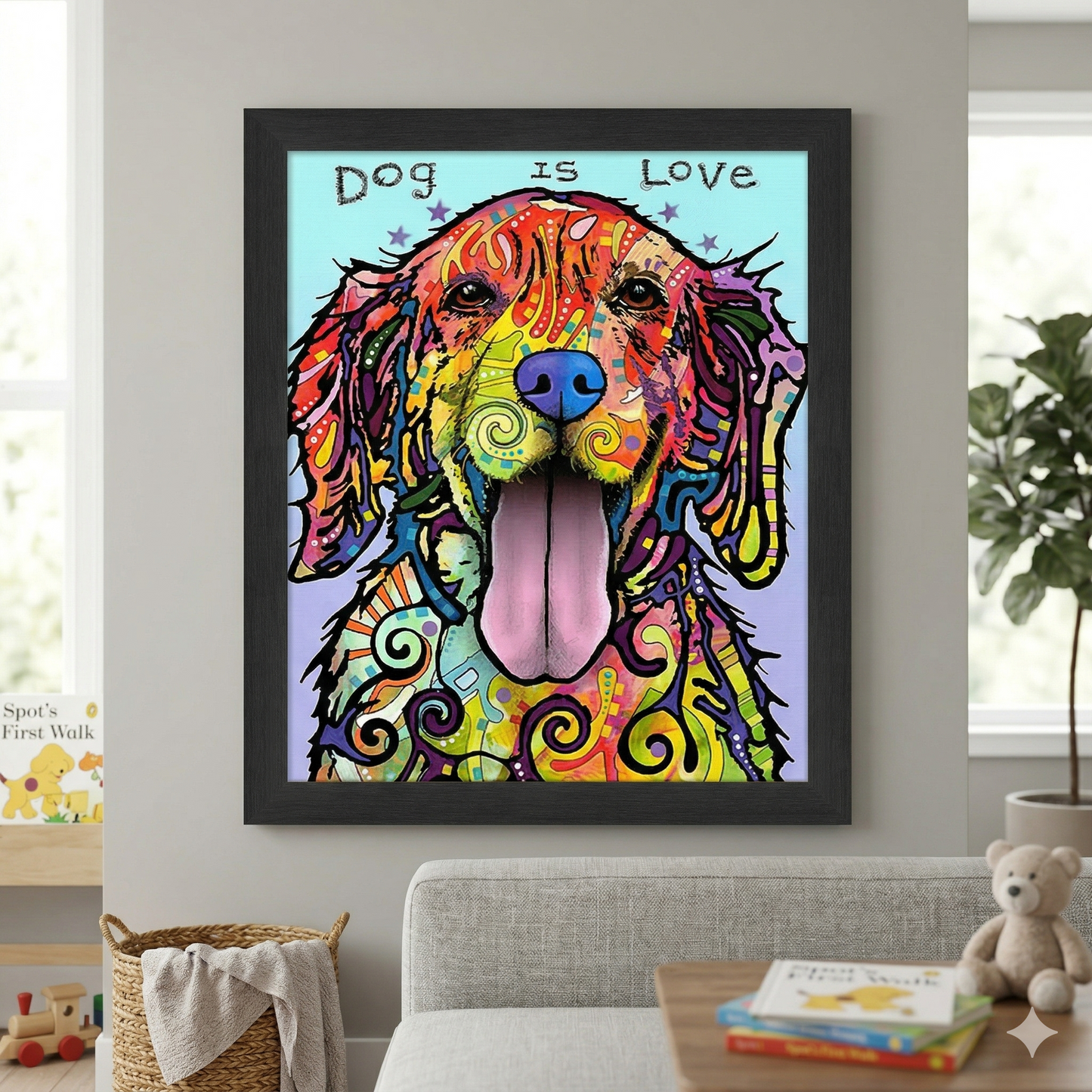 DOG IS LOVE COLORFUL  FRAMED CANVAS WALL ART (33.5" X 23.5") – VIBRANT DOG LOVER HOME DÉCOR