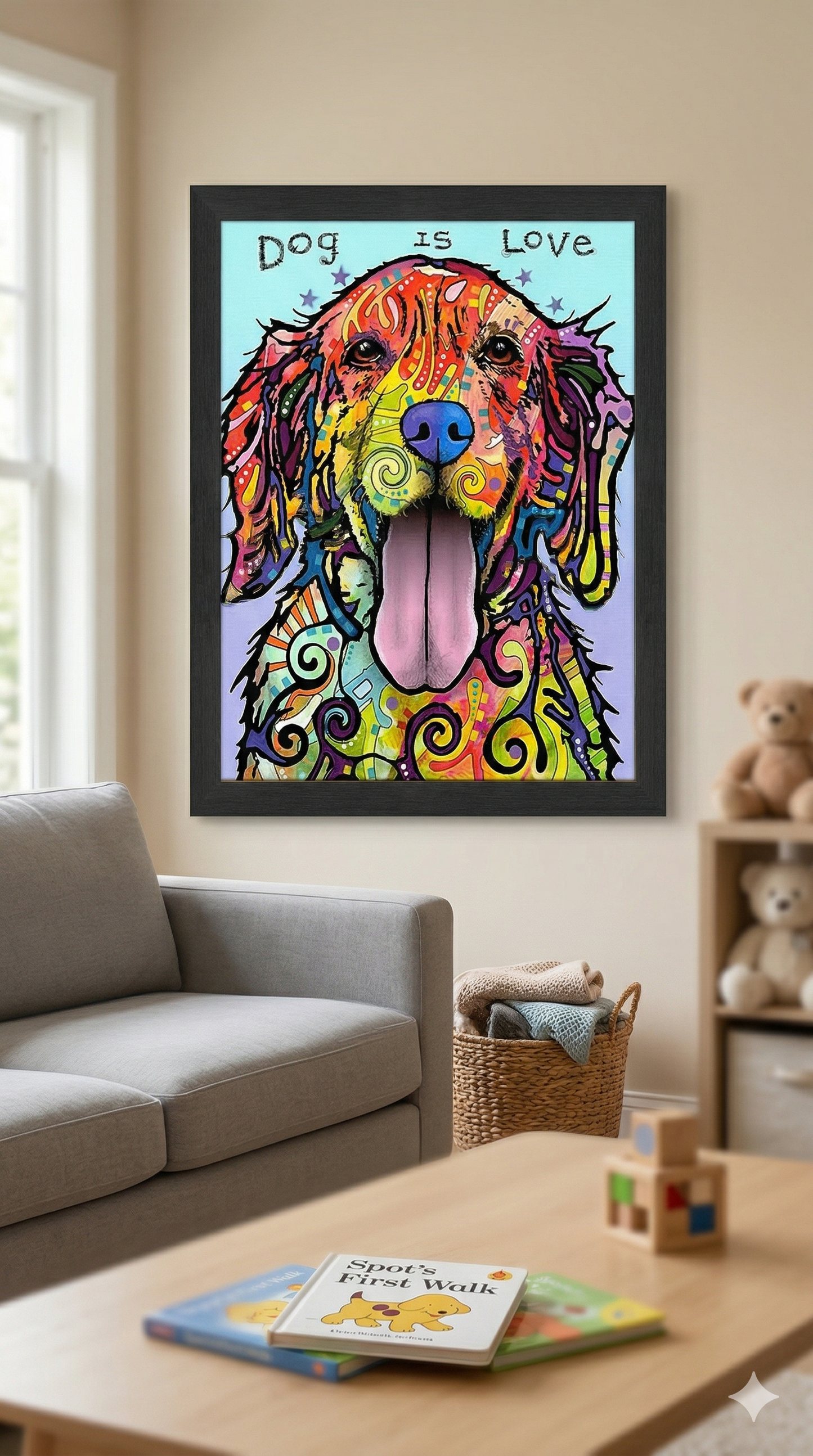 DOG IS LOVE COLORFUL  FRAMED CANVAS WALL ART (33.5" X 23.5") – VIBRANT DOG LOVER HOME DÉCOR
