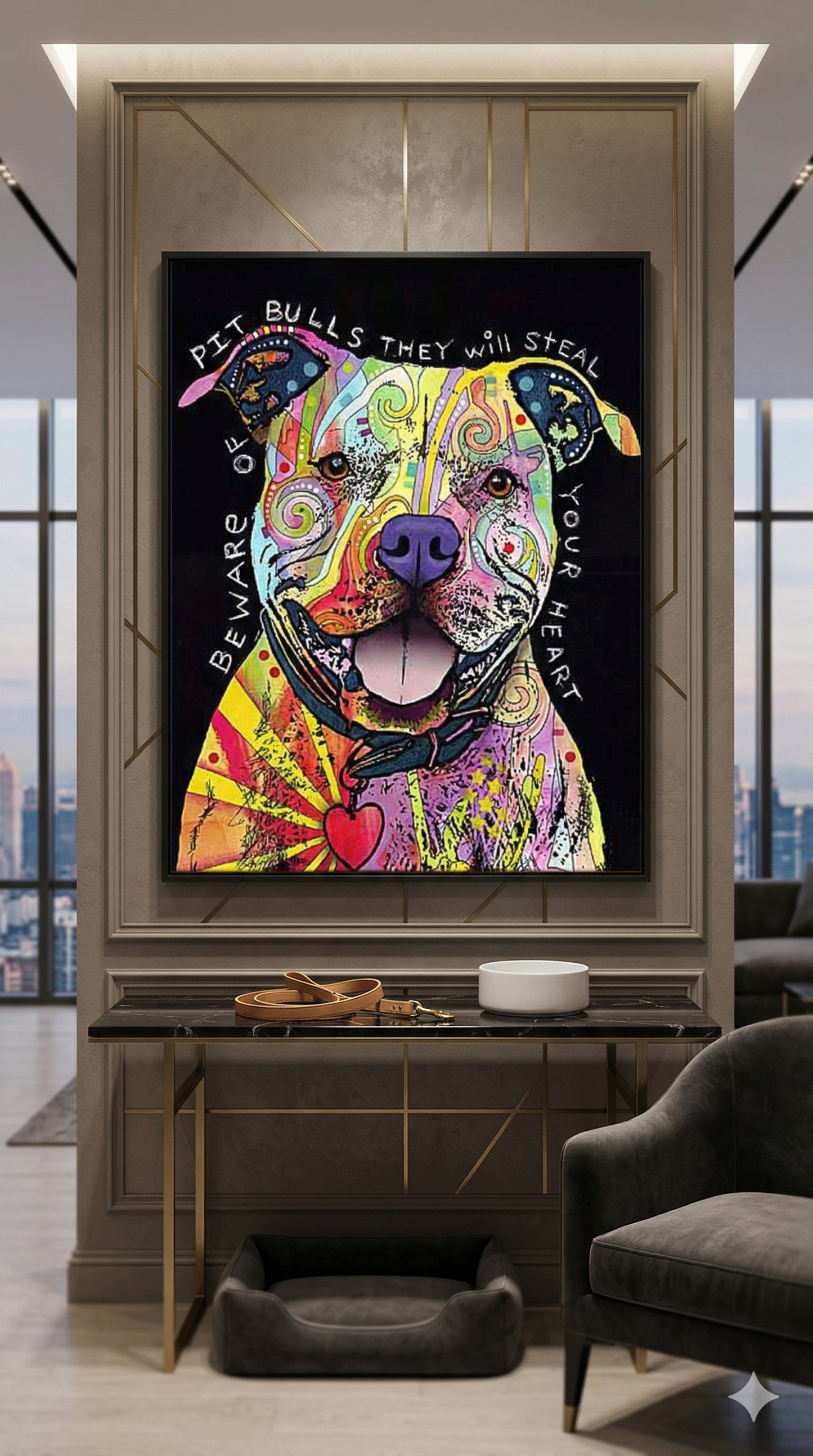 BEWARE OF PIT BULLS COLORFUL  FRAMED CANVAS WALL ART (33.5" X 23.5") – BOLD DOG LOVER DÉCOR