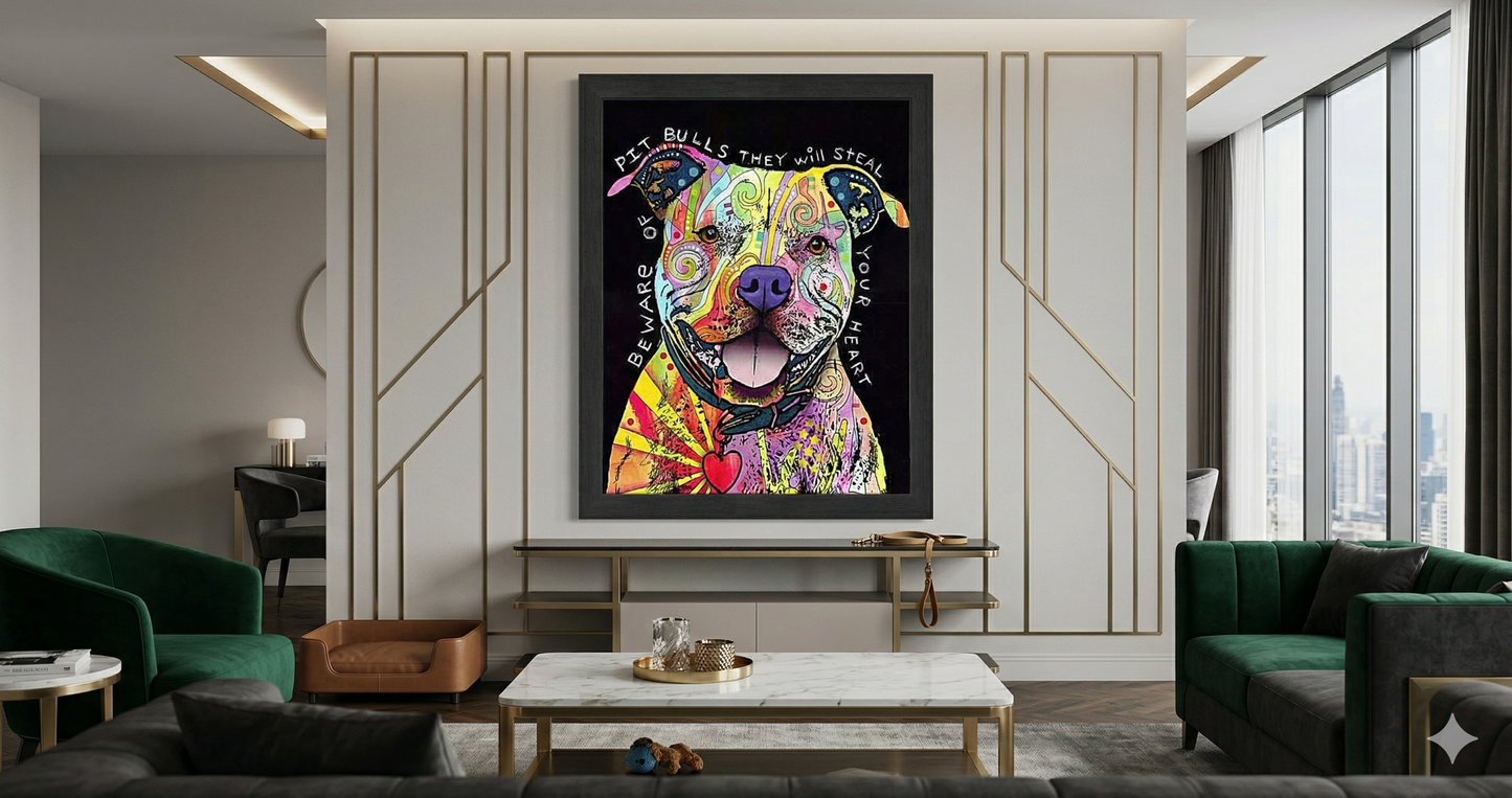 BEWARE OF PIT BULLS COLORFUL  FRAMED CANVAS WALL ART (33.5" X 23.5") – BOLD DOG LOVER DÉCOR