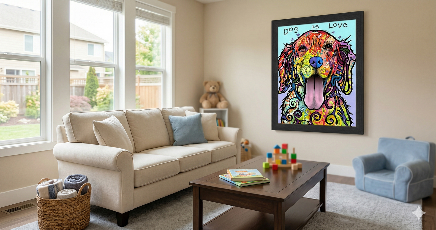 LOVE AND A DOG COLORFUL POP ART FRAMED WALL DECOR (33.5" X 23.5")