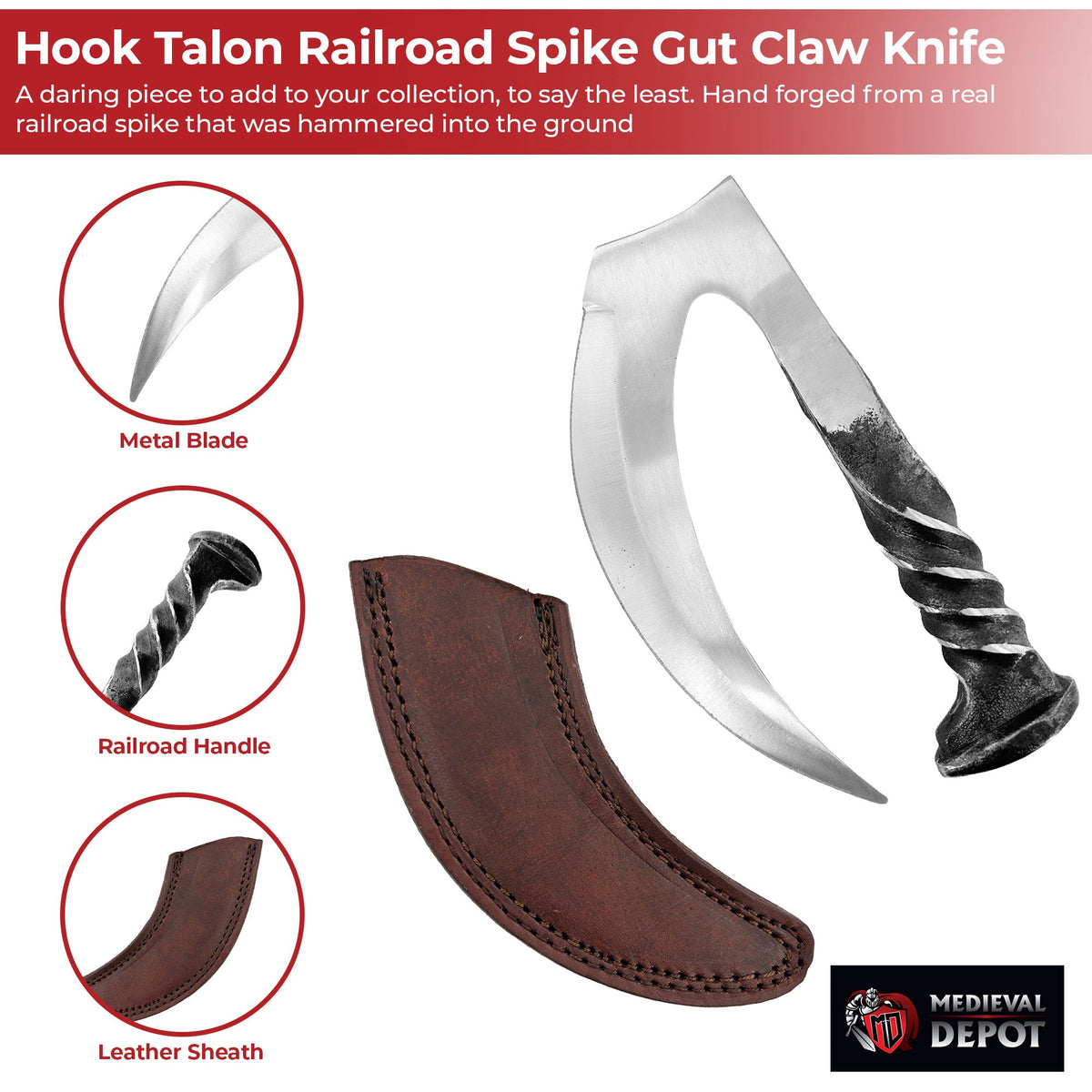 Hand Forged Railroad Spike Hook Claw Knife 6.3"