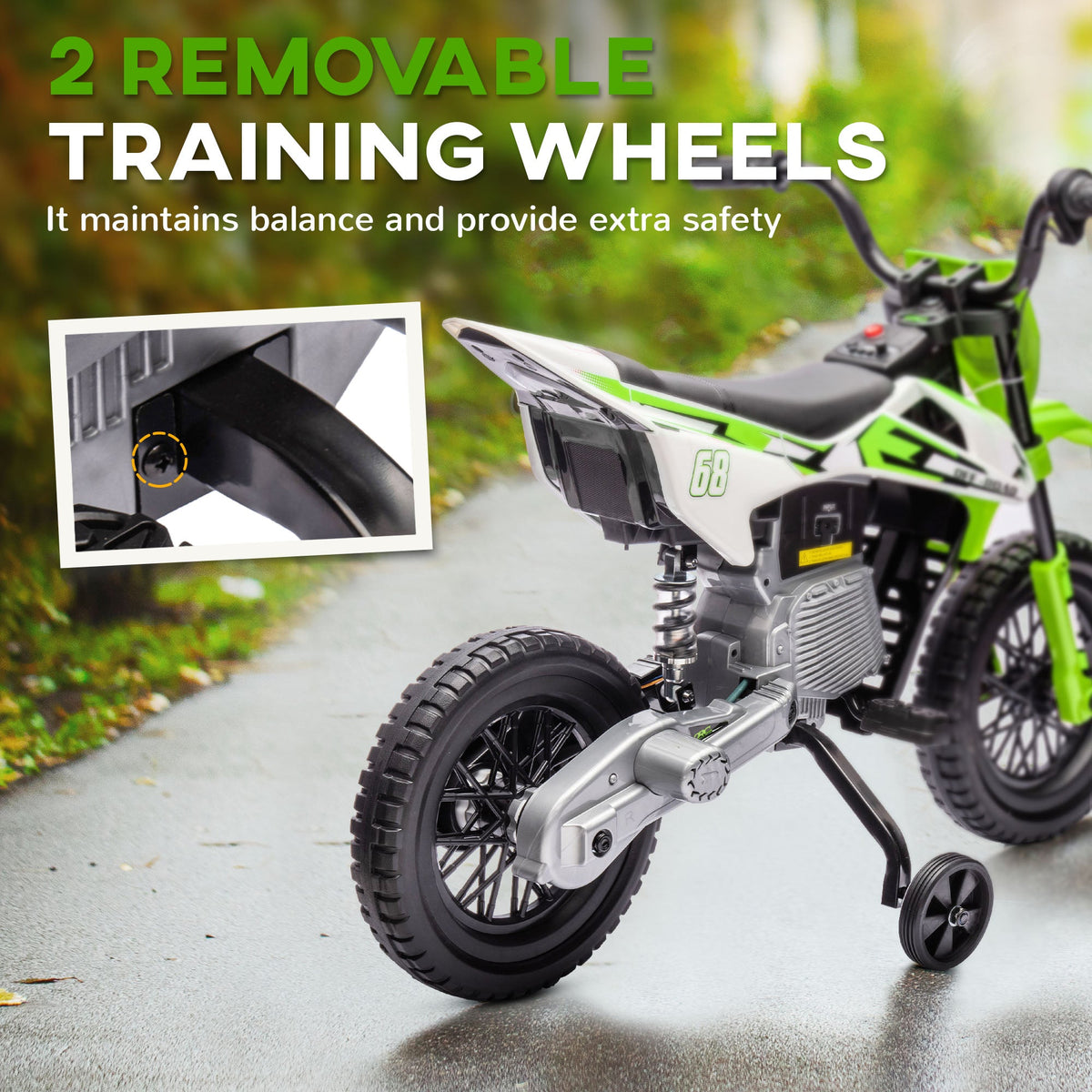 12V Kids Dirt Bike, Electric Motorcycle with Twist Grip Throttle, Training Wheels, Rear Suspension & Music, Blue
