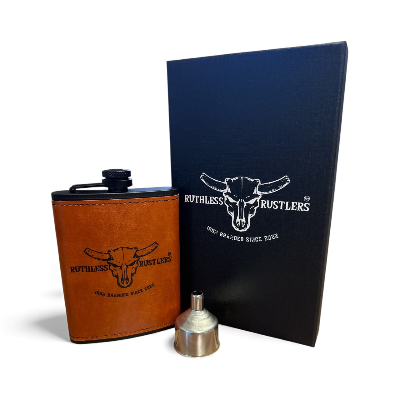 Ruthless Rustlers Iron Branded Hip Flask Set | Brown