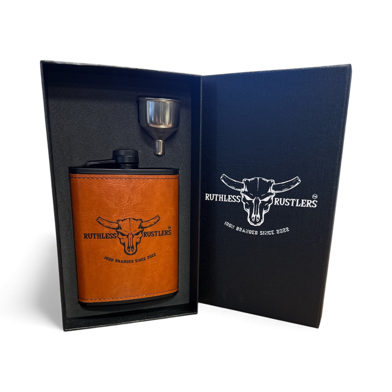 Ruthless Rustlers Iron Branded Hip Flask Set | Brown