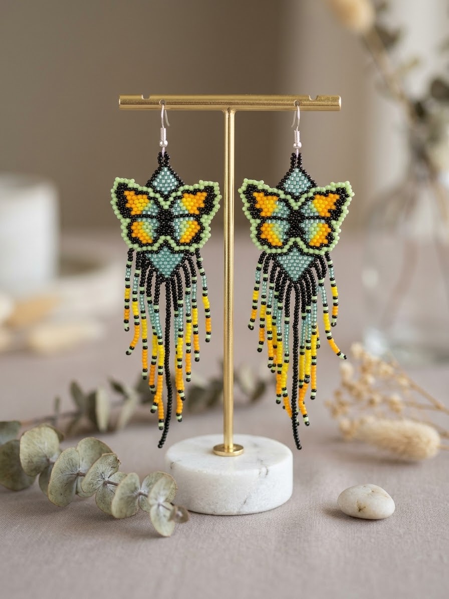 Green Beaded Dancing Wing Earrings