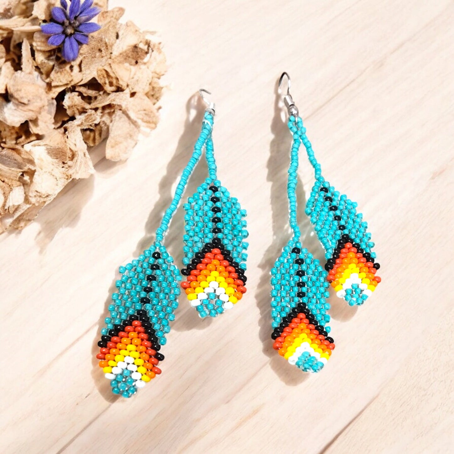 OldTribes™ turquoises Beaded Feather Earrings