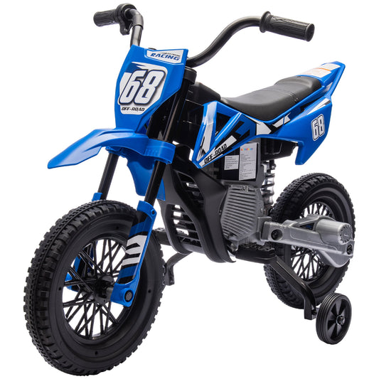 12V Kids Dirt Bike, Electric Motorcycle with Twist Grip Throttle, Training Wheels, Rear Suspension & Music, Blue
