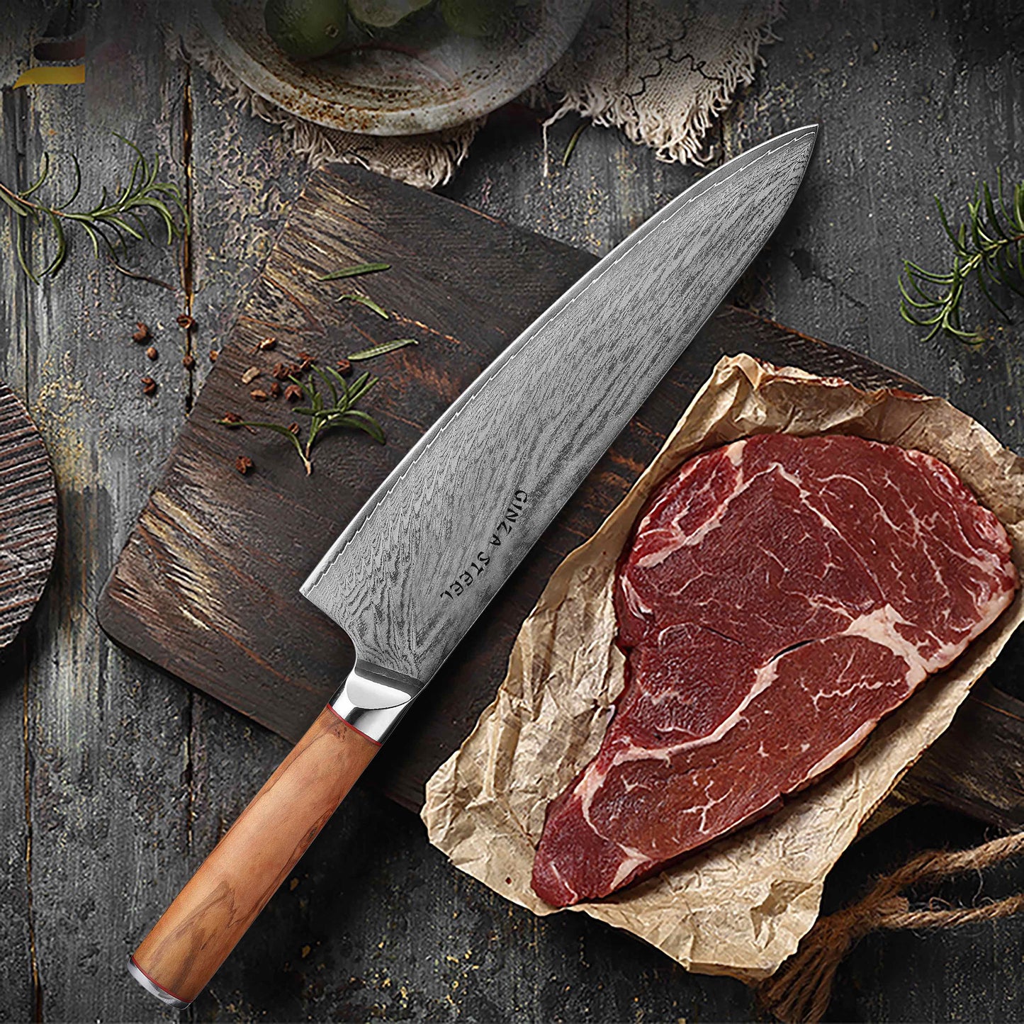 Ginza Steel MIA 24 Chef Knife 9” – Damascus AUS10, 67-Layer, Olive Wood Handle