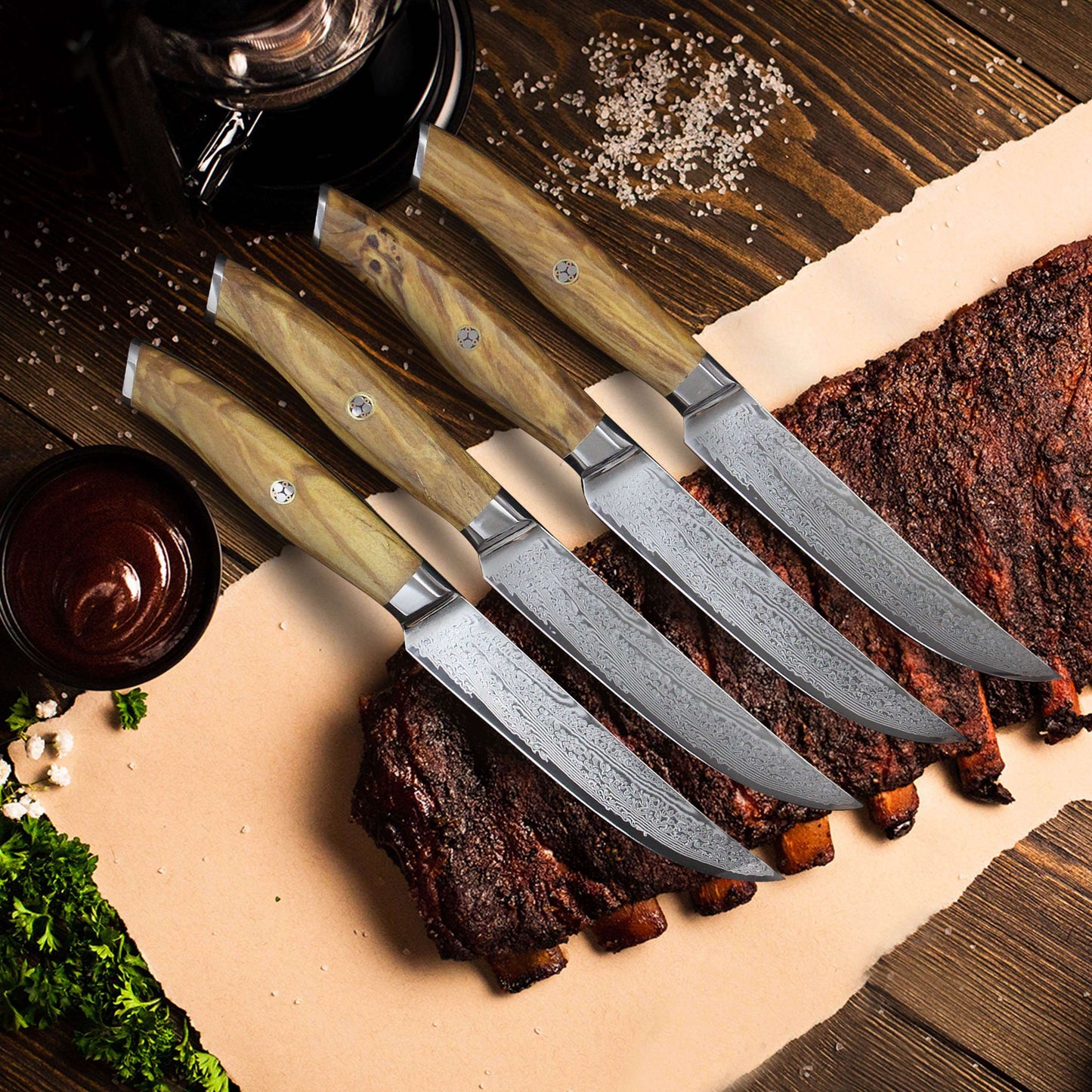 Ginza Steel AMELIA Five – 4-Piece VG10 Damascus Steel Steak Knife Set with Wood Block