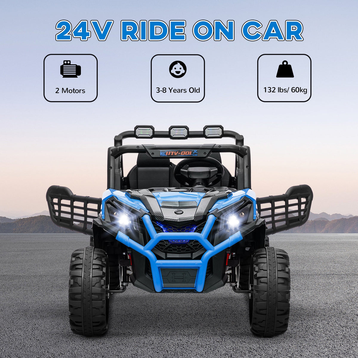2 Seater 24V Electric Car for Kids w/ Remote Control, 3 Speed, LED Lights, Music, Horn, Spring Suspension, Blue