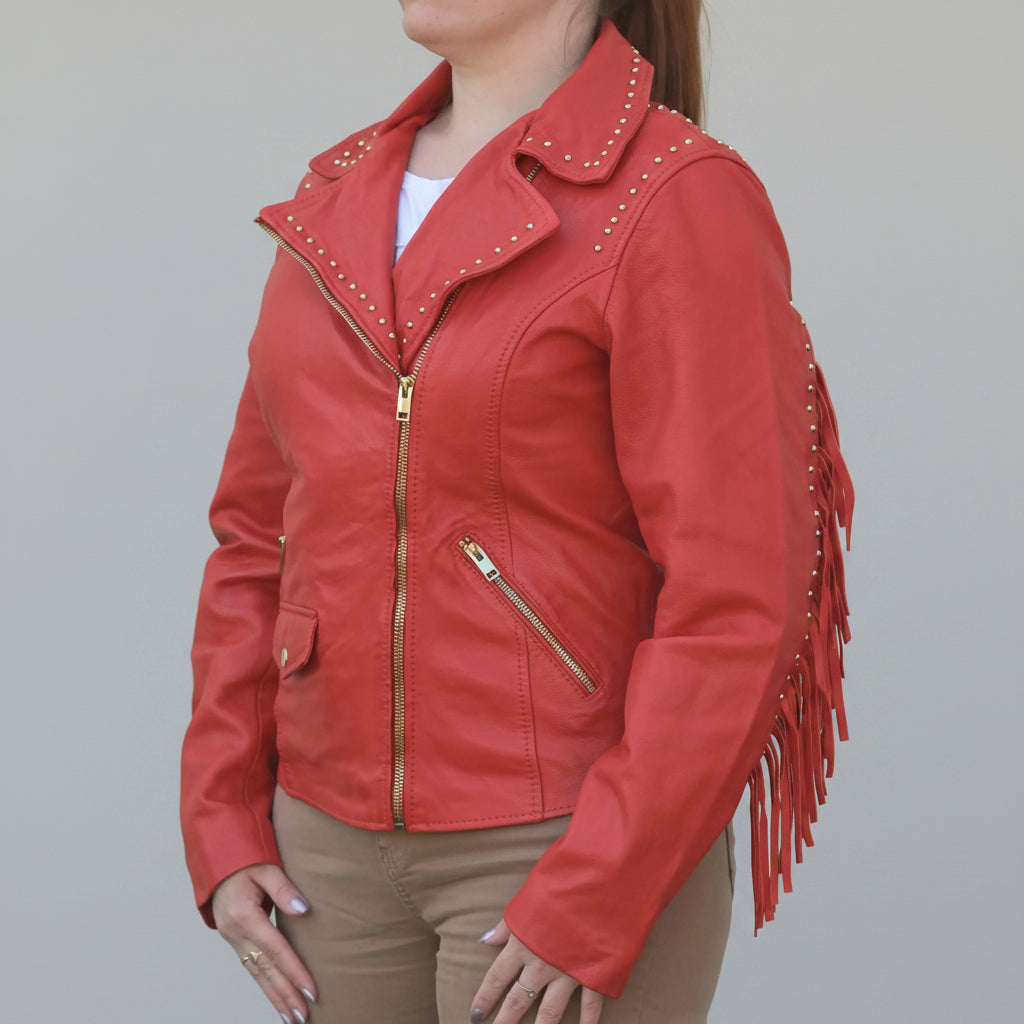 Women's Studded Leather Jacket with Removable Fringe