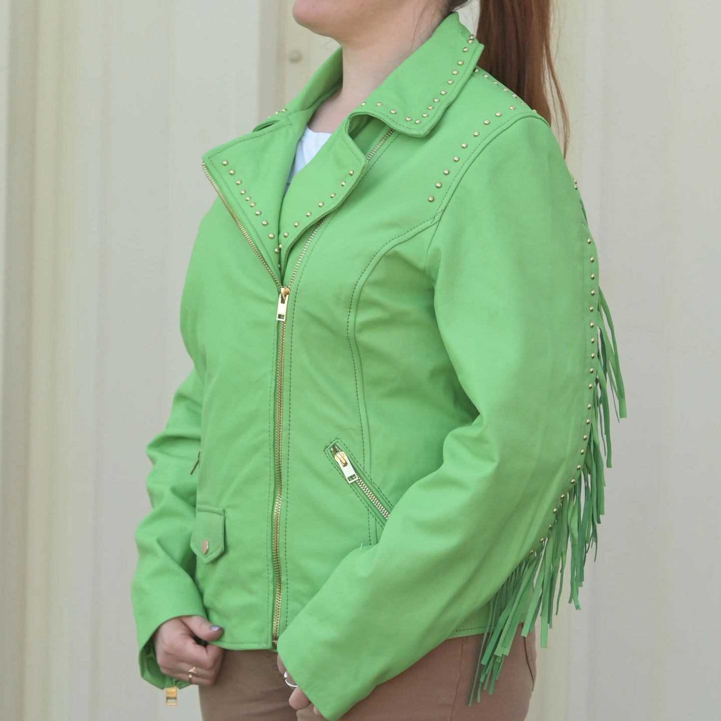 Women's Studded Leather Jacket with Removable Fringe
