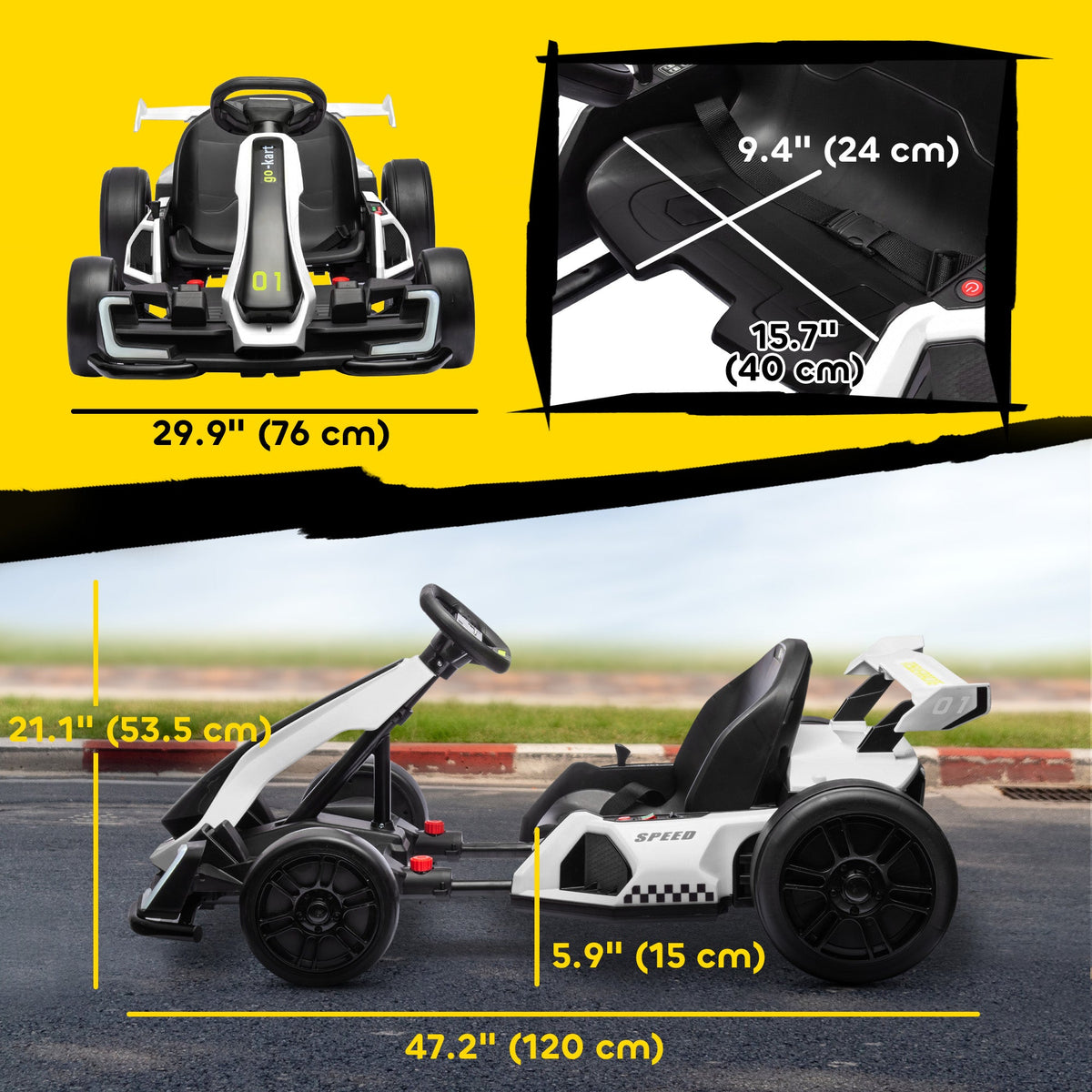 24V Electric Go Kart, Battery Powered Kids Drift Kart with Adjustable Seat, Seat Belt, Horn, Music, Light, Red