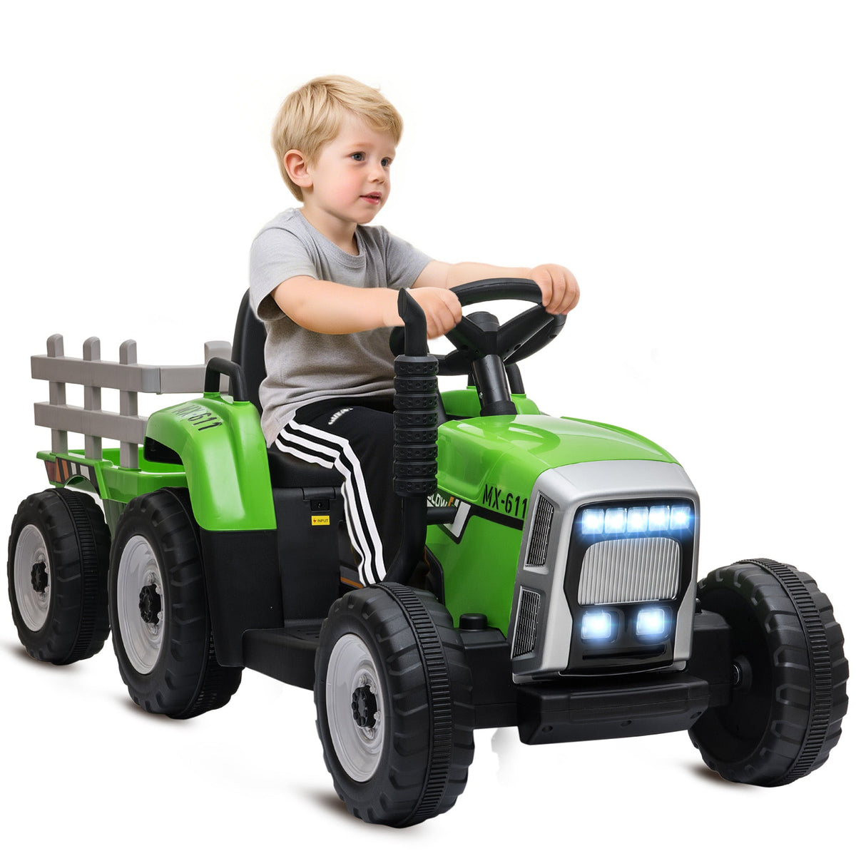 12V Kids Ride on Tractor with Trailer, Battery Powered Electric Kids Car with Remote Control, Music Start up Sound and Horn, USB, LED Lights, Green
