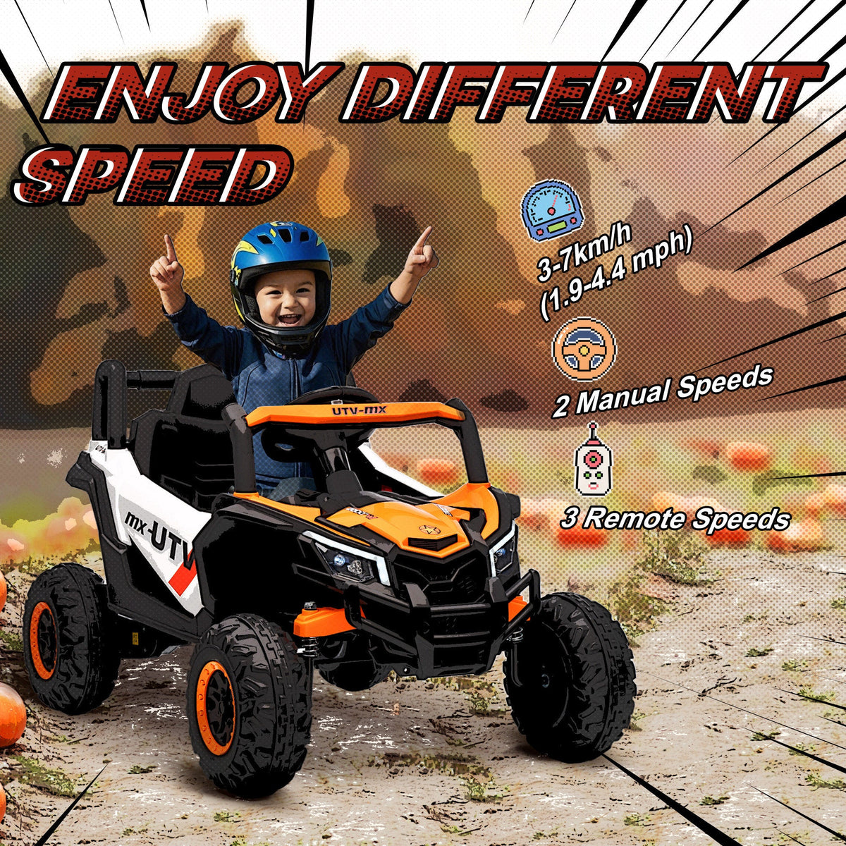 12V Kids Ride On Car with Remote Control, Battery Powered Electric UTV with Spring Suspension for Aged 3-5 Years, Orange